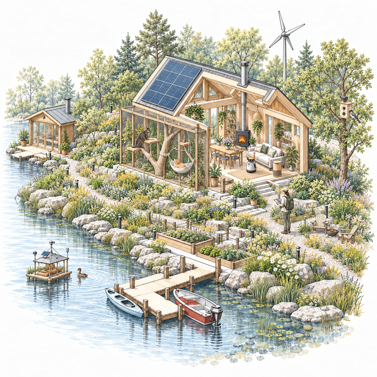 Architectural pencil and watercolor overview of a timber cabin and riverside garden as a research field site. A cutaway reveals a living room and companion robot. A researcher takes notes in the garden. Louis and Leon explore a catio with sisal-wrapped natural trunks and a hanging hammock. Solar panels, a wind turbine, cameras, monitored birdhouse, sauna, jetty, kayak, electric boat and a floating WaterNest connect the home with its surroundings.
