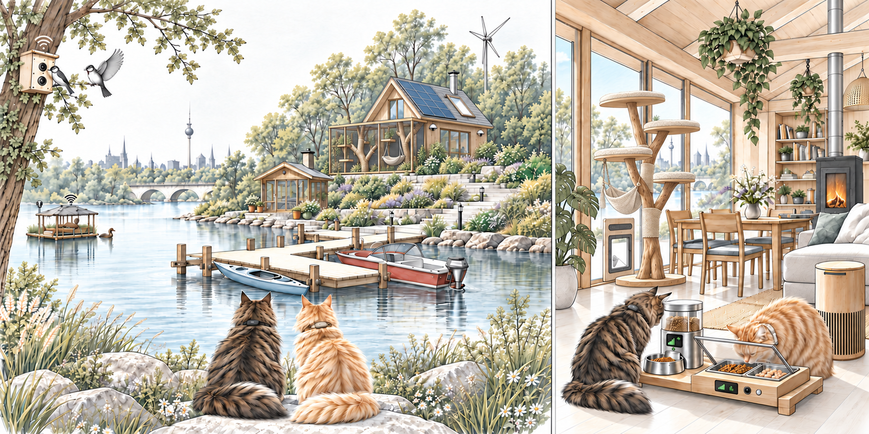 Architectural pencil and watercolor concept showing outside and inside a sustainable wooden cabin. Outside, Louis the dark tabby Maine Coon and Leon the ginger Maine Coon wear slim GPS collars, black for Louis and beige for Leon, and sit facing the river. A monitored birdhouse hangs in a tree, and a floating WaterNest sits farther out in the river, separated from the cats by open water. The pitched-roof cabin stands farther back behind a large garden, with solar panels, exterior cameras and a small wind turbine. Its front catio contains natural tree trunks wrapped in sisal, climbing platforms and a hanging swing. A smaller sauna house stands near the water, beside an enlarged wooden jetty with a blue kayak and a red Sprint Junior-style boat with a compact ePropulsion-style electric outboard. Inside, a wood-faced PetWalk-style cat door is visible in the background, and the same cats sit beside two separate automatic feeders: a wood, stainless-steel and glass dry-food dispenser with kibble, and a matching wet-food feeder with stainless-steel trays, a half-open glass lid and visible electronic controls. A stainless-steel flue rises above the dark wood stove. Both concept feeders have smart displays and discreet sensors. A wood-look SwitchBot air purifier stands beside the living-room sofa. A designer cat tree by the window has natural wood trunks, sisal wrapping, padded perches and a hanging hammock.